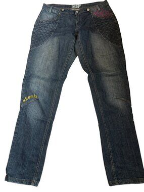 AKDMKS Y2k Blue Denim Jeans 13 Pink Embroidered Design Classic